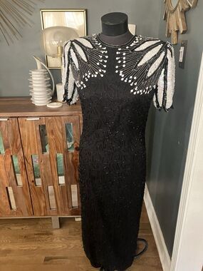 Laurence Kazar Dress Black EveningGown Silk White Bourealis Sequin Bead  Keyhole